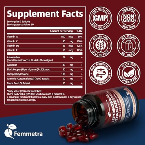 Suplementos de Astaxantina Liposomal Femmetra 24mg con Licopeno para Salud Ocular, de Piel e Inmunidad, Antioxidante 10 en 1, 120 Softgels Non-GMO - imagen 7