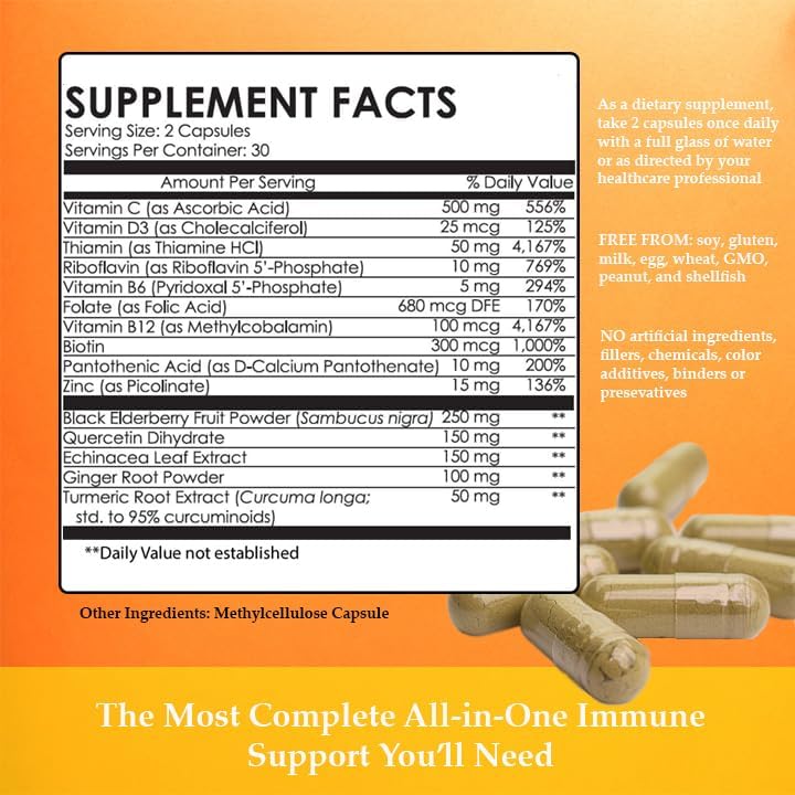 Suplemento Vegano de Refuerzo Inmunológico TotoNutrition con Vitamina C, D, Saúco, Equinácea, Zinc, Quercetina, Cúrcuma, Jengibre y Vitaminas B, Sin - imagen 5