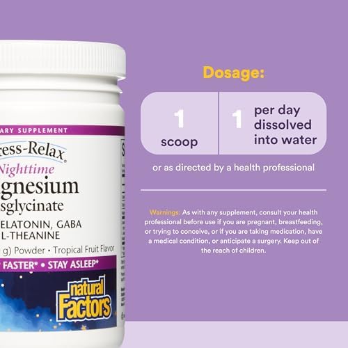 Natural Factors Stress-Relax Magnesio Bisglicinato Nocturno - Apoya el Sueño y Relajación - con Melatonina, L-Teanina y GABA - Sabor Tropical - 120 g - imagen 3