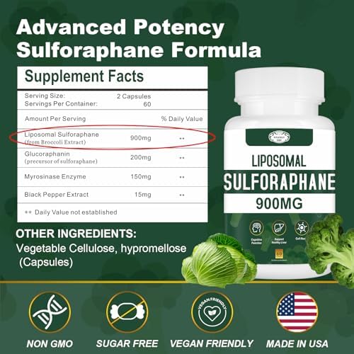 Suplemento Liposomal de Sulforafano 900MG Extracto de Brócoli, Suplemento para el Hígado, Antioxidante, Digestión y Salud Celular, 120 Cápsulas - imagen 2