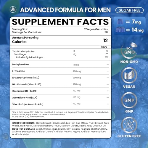 Gomitas Aube'Azur con Azul de Metileno para Humanos, 14mg, Suplemento con L-Teanina, NAC, Nicotinamida y CoQ10, Veganas, Sin Azúcar, Sabor Arándano, - imagen 2