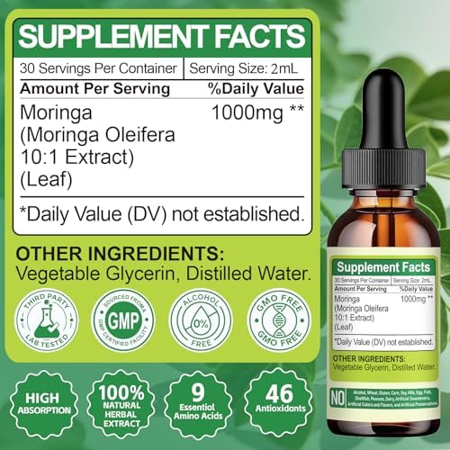 Gotas Líquidas de Moringa Orgánica - Extracto de Hoja de Moringa Oleifera para Hombres y Mujeres, Suplemento Vegano para Energía y Piel - 2 Fl Oz - imagen 8