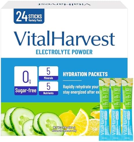 VitalHarvest 24 Paquetes de Polvo de Electrolitos Sin Azúcar, 7 Sabores, Hidratación Líquida, Mezcla para Bebida Diaria, Bajo en Sodio, Limón Pepino - imagen 1