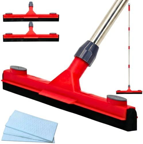 Squeegee de Piso con 2 Cabezas Reemplazables – Cuchilla de Espuma EVA de 17'', Mango de 62'', Clip para Toalla, Squeegee Resistente para Garage, - imagen 1