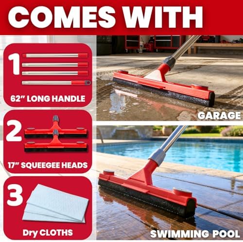 Squeegee de Piso con 2 Cabezas Reemplazables – Cuchilla de Espuma EVA de 17'', Mango de 62'', Clip para Toalla, Squeegee Resistente para Garage, - imagen 4