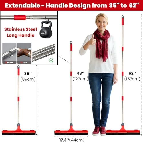 Squeegee de Piso con 2 Cabezas Reemplazables – Cuchilla de Espuma EVA de 17'', Mango de 62'', Clip para Toalla, Squeegee Resistente para Garage, - imagen 5
