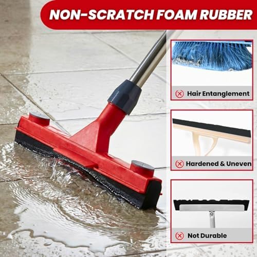 Squeegee de Piso con 2 Cabezas Reemplazables – Cuchilla de Espuma EVA de 17'', Mango de 62'', Clip para Toalla, Squeegee Resistente para Garage, - imagen 6