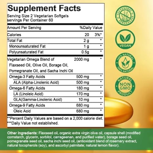 Omega 3-6-9 de Alta Potencia, Suplemento Natural 100% Vegano para la Salud del Corazón y Articulaciones, 120 Softgels, Suministro para 2 Meses - imagen 5