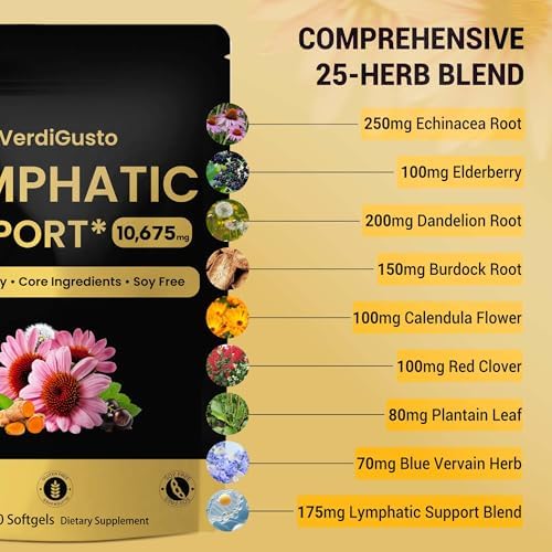 Suplemento Linfático VerdiGusto 10,675mg | Mezcla 25 en 1 con Equinácea, Saúco, Diente de León | 240 Softgels, Suministro para 80 Días | Libre de - imagen 2