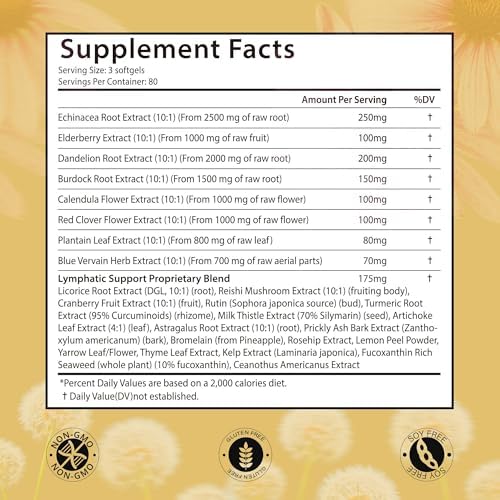 Suplemento Linfático VerdiGusto 10,675mg | Mezcla 25 en 1 con Equinácea, Saúco, Diente de León | 240 Softgels, Suministro para 80 Días | Libre de - imagen 3