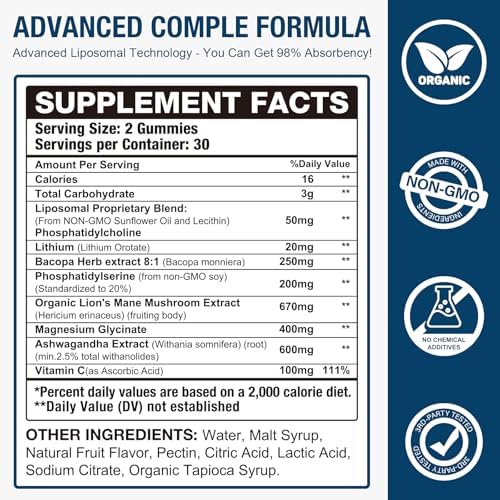 Gomitas Liposomales Darkenlst 2 Pack 20MG de Orotato de Litio con Ashwagandha, Bacopa, Hongo Melena de León, Magnesio y Vitamina C para Ánimo e - imagen 2
