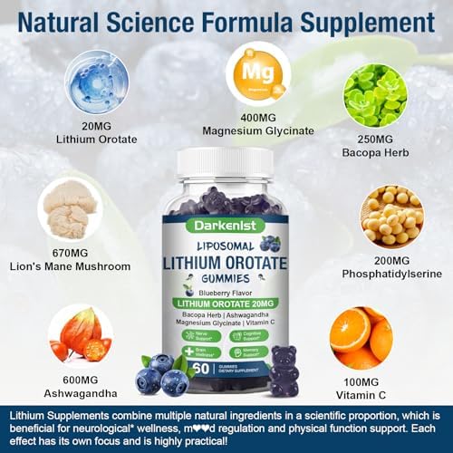 Gomitas Liposomales Darkenlst 2 Pack 20MG de Orotato de Litio con Ashwagandha, Bacopa, Hongo Melena de León, Magnesio y Vitamina C para Ánimo e - imagen 3