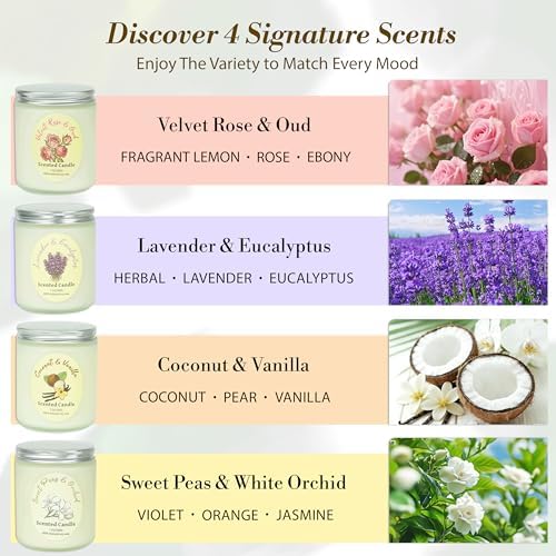 Set de Velas Aromáticas 4 Piezas, Velas de Cera de Soja con Lavanda, Rosa, Coco y Vainilla, 200 Horas de Duración, Regalos para Cumpleaños, Día de - imagen 2
