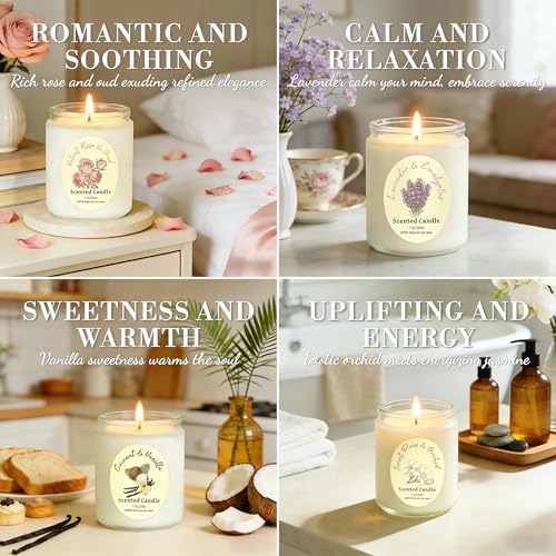 Set de Velas Aromáticas 4 Piezas, Velas de Cera de Soja con Lavanda, Rosa, Coco y Vainilla, 200 Horas de Duración, Regalos para Cumpleaños, Día de - imagen 3