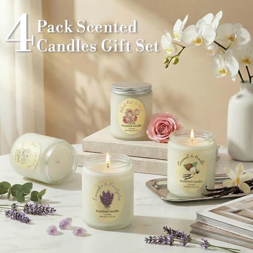 Set de Velas Aromáticas 4 Piezas, Velas de Cera de Soja con Lavanda, Rosa, Coco y Vainilla, 200 Horas de Duración, Regalos para Cumpleaños, Día de - imagen 4