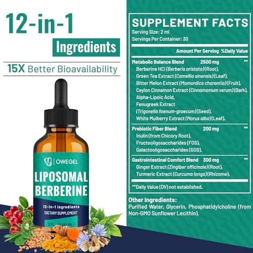 Suplemento de Berberina HCL Owegel con Canela de Ceilán - Gotas Líquidas Liposomales de Berberina 3000mg - 12 Ingredientes Naturales - Activador de - imagen 2