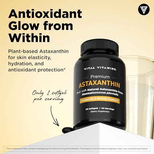 Vital Vitamins Astaxantina 12mg - 60 Cápsulas Blandas Veganas para Hidratación y Elasticidad de la Piel - Hecho en EE. UU. - imagen 2