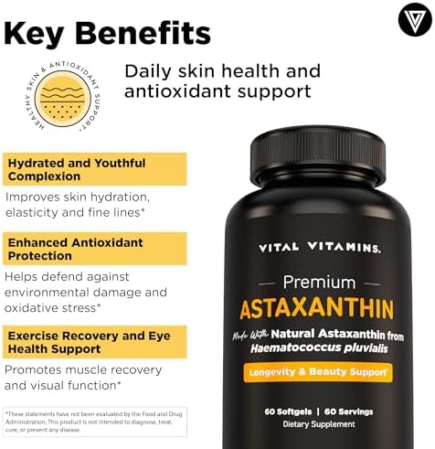 Vital Vitamins Astaxantina 12mg - 60 Cápsulas Blandas Veganas para Hidratación y Elasticidad de la Piel - Hecho en EE. UU. - imagen 3