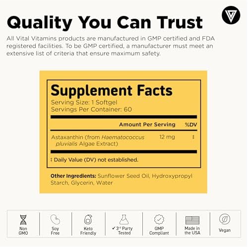 Vital Vitamins Astaxantina 12mg - 60 Cápsulas Blandas Veganas para Hidratación y Elasticidad de la Piel - Hecho en EE. UU. - imagen 6