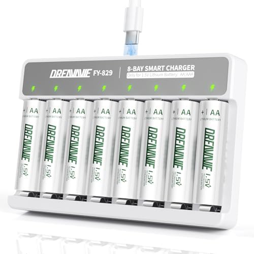 Baterías AA Recargables de Litio con Cargador Rápido de 8 Bahías - Paquete de 8 Baterías de 1.5V 3600mWh para Blink Outdoor y Xbox - imagen 1