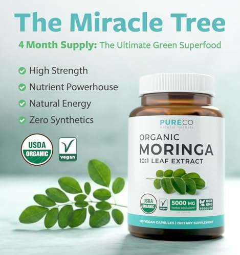 Cápsulas de Moringa Orgánica USDA - Extracto de Moringa 500mg 10:1 por Cápsula - Superalimento Verde Antioxidante Vegano y No Transgénico (Suministro - imagen 2