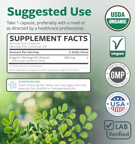 Cápsulas de Moringa Orgánica USDA - Extracto de Moringa 500mg 10:1 por Cápsula - Superalimento Verde Antioxidante Vegano y No Transgénico (Suministro - imagen 4