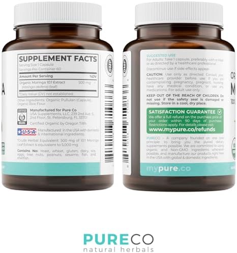 Cápsulas de Moringa Orgánica USDA - Extracto de Moringa 500mg 10:1 por Cápsula - Superalimento Verde Antioxidante Vegano y No Transgénico (Suministro - imagen 5