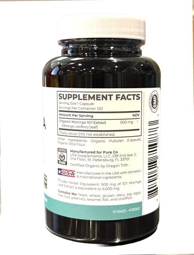 Cápsulas de Moringa Orgánica USDA - Extracto de Moringa 500mg 10:1 por Cápsula - Superalimento Verde Antioxidante Vegano y No Transgénico (Suministro - imagen 7
