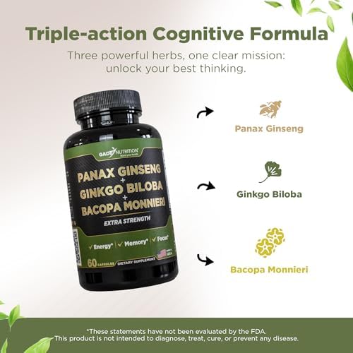 Suplemento Gade Nutrition de Ginkgo Biloba con Ginseng y Bacopa Monnieri | Cápsulas para la Memoria y Enfoque - Suplemento para el Cerebro - imagen 3