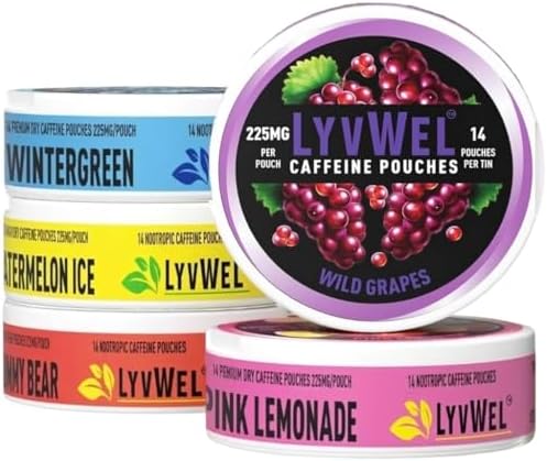 Pouches de Cafeína LyvWel 225mg, Energía con Guaraná, Pouches Nootrópicos, Sin Nicotina ni Tabaco, Sabores Intensos, Paquete Múltiple de 5 Pouches - imagen 1