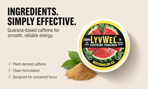 Pouches de Cafeína LyvWel 225mg, Energía con Guaraná, Pouches Nootrópicos, Sin Nicotina ni Tabaco, Sabores Intensos, Paquete Múltiple de 5 Pouches - imagen 8