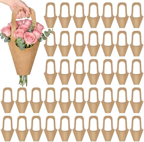 Mauproy Paquete de 50 Bolsas de Papel Kraft para Regalos con Asas, Soportes para Ramo de Flores, Ideal para el Día de las Madres y Floristerías - imagen 1