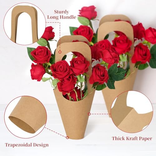 Mauproy Paquete de 50 Bolsas de Papel Kraft para Regalos con Asas, Soportes para Ramo de Flores, Ideal para el Día de las Madres y Floristerías - imagen 3