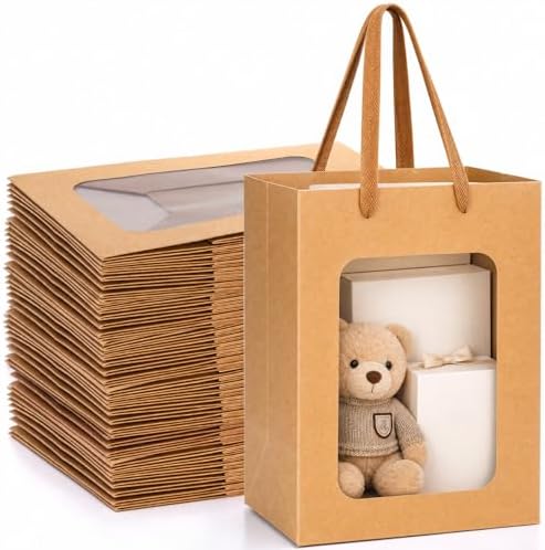 Bolsas de Regalo ZENFUN de 30 Piezas, Marrón con Asa, Kraft con Ventana Transparente, 9.8 x 7.1 x 5.1 Pulgadas, Perfectas para Cumpleaños, Bodas y Más - imagen 1