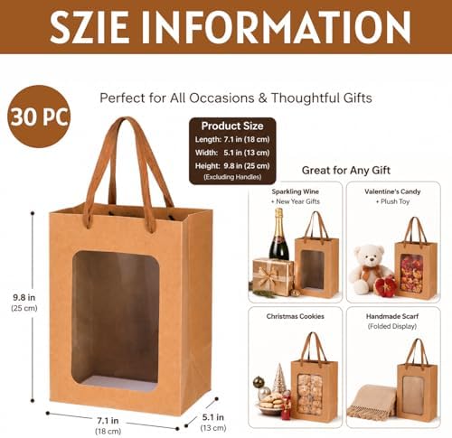 Bolsas de Regalo ZENFUN de 30 Piezas, Marrón con Asa, Kraft con Ventana Transparente, 9.8 x 7.1 x 5.1 Pulgadas, Perfectas para Cumpleaños, Bodas y Más - imagen 2