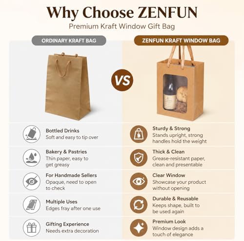 Bolsas de Regalo ZENFUN de 30 Piezas, Marrón con Asa, Kraft con Ventana Transparente, 9.8 x 7.1 x 5.1 Pulgadas, Perfectas para Cumpleaños, Bodas y Más - imagen 4