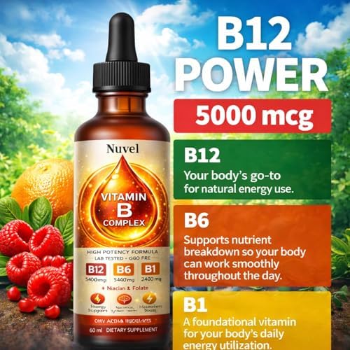 Gotas Líquidas de Complejo de Vitaminas B Nuvel con B12 (Metilcobalamina), B6 y B1, Suplemento Diario de 60 ml - imagen 2