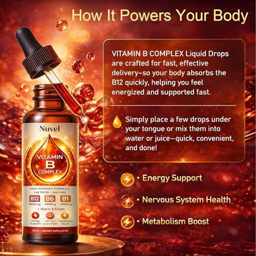 Gotas Líquidas de Complejo de Vitaminas B Nuvel con B12 (Metilcobalamina), B6 y B1, Suplemento Diario de 60 ml - imagen 4