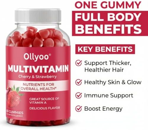 Gomitas Multivitamínicas Ollyoo para Adultos - Hombres y Mujeres - Apoyo para Cabello, Piel, Uñas, Inmunidad y Energía - Sabor Cereza y Fresa - 60 - imagen 2