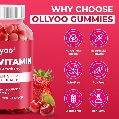Gomitas Multivitamínicas Ollyoo para Adultos - Hombres y Mujeres - Apoyo para Cabello, Piel, Uñas, Inmunidad y Energía - Sabor Cereza y Fresa - 60 - imagen 3