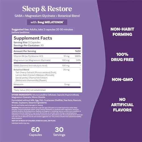Cápsulas Natrol Sleep & Restore - Suplemento de Magnesio Calmante con GABA, Melatonina 5mg, Mezcla Botánica, 60 Cápsulas (Paquete de 2) - imagen 5