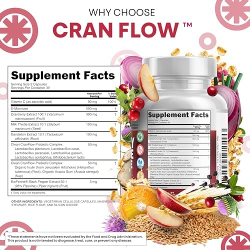 Píldoras de Arándano Cran Flow para la Salud Urinaria con D-Mannosa, Cardo Mariano, Diente de León, Inulina, Vitamina C, Prebióticos y Probióticos - - imagen 5