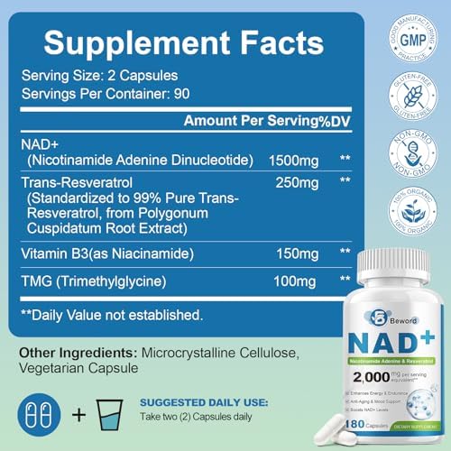 BEWORD Liposomal NAD 2000 Mg, 180 Cápsulas, Fórmula 4 en 1 con NAD Liposomal y Trans-Resveratrol | Soporte Energético - imagen 7