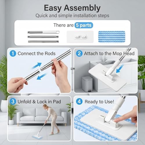 Mini Mopa Plegable con Diseño de Empuje, Set de Mopa Autolavable, Mango Duradero y Antideslizante, Incluye 5 Paños Reutilizables para el Hogar - imagen 5