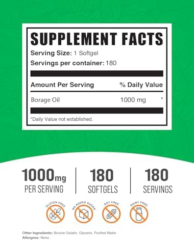 Borage Oil Softgels de BulkSupplements.com - Suplemento de Ácido Gamma Linoleico, 1000mg, Sin Gluten, 1 Softgel por Porción, 180 Contenidos - imagen 2