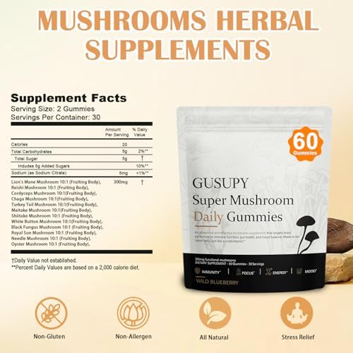 GUSUPY Gomas de Suplemento de Hongo Melena de León - Suplemento Diaria de 12 Hongos, Cordyceps, Chaga, Reishi, Mejora Cognitiva, 60 Gomas - imagen 5