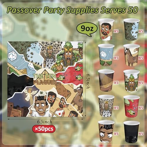 Set de Vajilla de Papel CHENGU para Seder de Pascua, 150 Piezas: 50 Platos, 50 Vasos, 50 Servilletas, 10 Diseños Clásicos de Monstruos, Ideal para - imagen 3