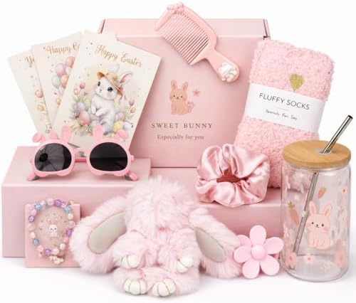 Regalos de Pascua para Adolescentes, Canasta de Regalo con Vaso, Calcetas, Scrunchie, Pulsera, Gafas de Sol y Conejito de Peluche, Set de Cuidado - imagen 1