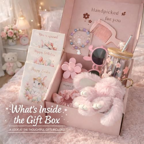 Regalos de Pascua para Adolescentes, Canasta de Regalo con Vaso, Calcetas, Scrunchie, Pulsera, Gafas de Sol y Conejito de Peluche, Set de Cuidado - imagen 2