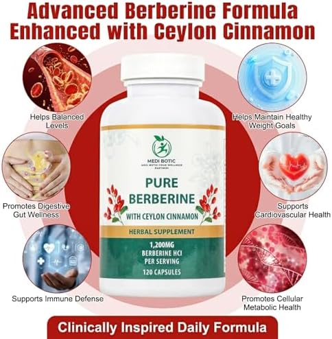 Berberina con Canela de Ceilán, 1200mg Cápsulas de Berberina HCl para Energía, Metabolismo Normal y Soporte Inmunológico, Sin OGM y Sin Gluten (120 - imagen 3
